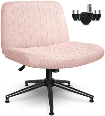 NEO CHAIR Criss Cross Chair with Wheels Armless Cross Legged Office Desk Wide Comfy Vanity Makeup Chair Adjustable Swivel Rolling Computer for Home Office Fabric (Pink)