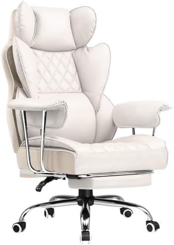 COMHOMA Big and Tall Office Chair, High Back Leather Gaming Chair with Footrest, Executive Ergonomic Office Chairs with Pocket Spring Lumbar Support and with Outward Fixed Soft Armrests