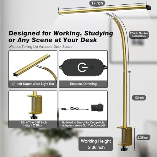 Airlonv LED Desk Lamp with Clamp, 17" Stepless Dimming Light, Gold