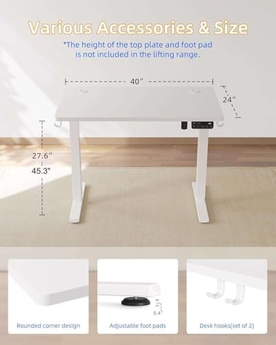 YIHAYO Electric Standing Desk, 40 x 24 Inches Stand Up Desk with Splice Board, Adjustable Height Desk, Computer Desk for Home Office, White Frame/White Top