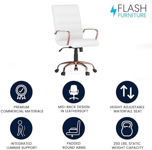 Flash Furniture Mid-Back LeatherSoft Executive Chair, White/Rose Gold