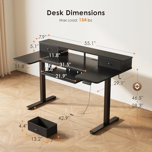 OffiGo 55 Inch U Shape Standing Desk with Keyboard Tray & Drawers, Black