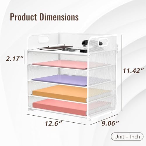 Supeasy 5 Trays Paper Organizer Letter Tray with Handle-Mesh Desk File Holders, Paper Sorter Desk Organizer for Office, Home, Classroom or School, White