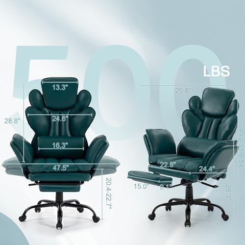 Flip Armrests Criss Cross Office Chair, Reclining Office Chair with Foot Rest, Adjustable Headrest, Massage Waist Pillow, Cross Legged Big and Tall Desk Chair Wide Seat Vanity Chair, Green PU Leather