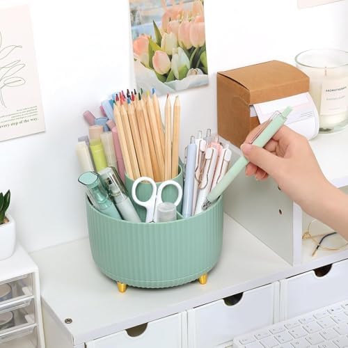 SKYDUE 360 Degree Rotating Desk Organizer, Dual-Purpose Pencil Pen Holder for Desktop, Rotating Desk Pen Organizer with 5 Slots, Pencil Cup for School, Home, Office Supplies (Bean Green)