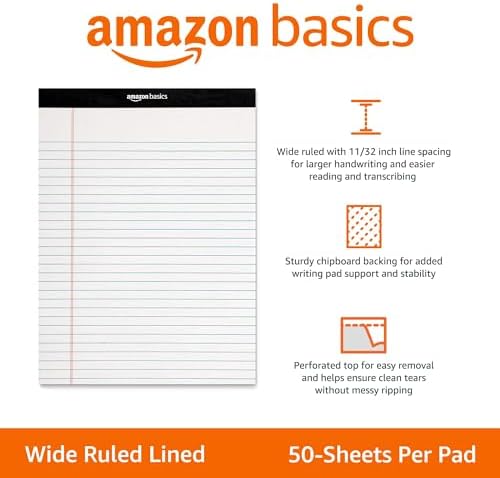 Amazon Basics Wide Ruled Lined Writing Note Pads for Office Supplies, 8.5" x 11.75", White, 12-Pack of 50 Perforated Sheets