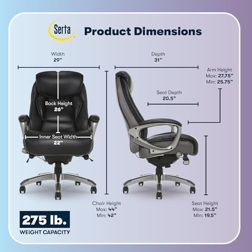 Serta Lautner Executive Home Office Desk Chair, Ergonomic High-Back with Adjustable Lumbar & Body Pillows, SmartLayers and ComfortCoils Technology, Mesh and Bonded Leather, Black/ Gray