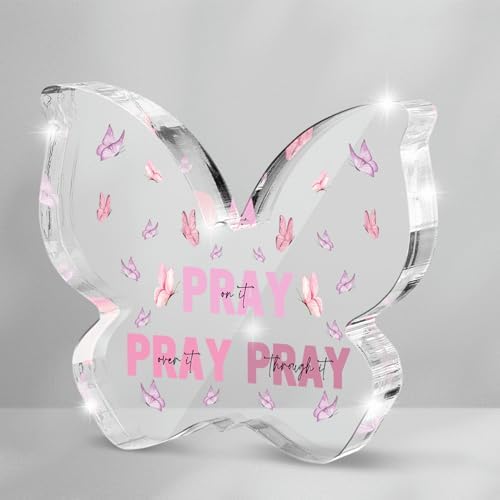 Pink Christian Gifts for Women, Religious Plaques Christian Woman Decor Gifts, Modern Home Office Room Bathroom Bedroom, Pray On It Over It Valentines Day Decor for Teacher Boss Friend (Butterfly)