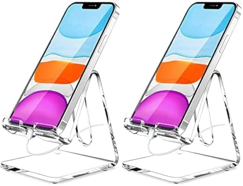 Crpich Acrylic Cell Phone Stand, Portable Phone Holder, Clear Phone Stand for Desk, Compatible with Phone16 15 14 13 12 Pro Max 11 Xr Plus SE, Switch, Android Smartphone, Pad, Desk Accessories, 2 Pack