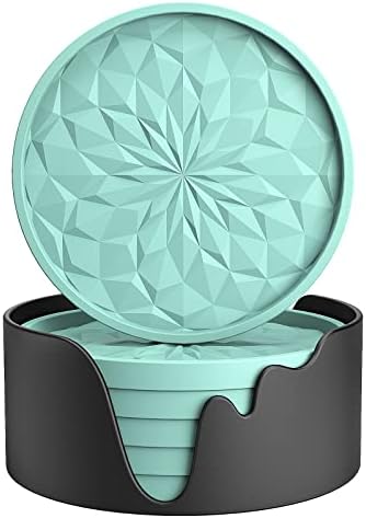 ME.FAN Silicone Coasters with Holder,[6 Pack] Drinking Coasters - Cup Mat for Hot or Cold Drinks, Thickened, Non-Slip, Non-stick,Deep Tray Mint Green