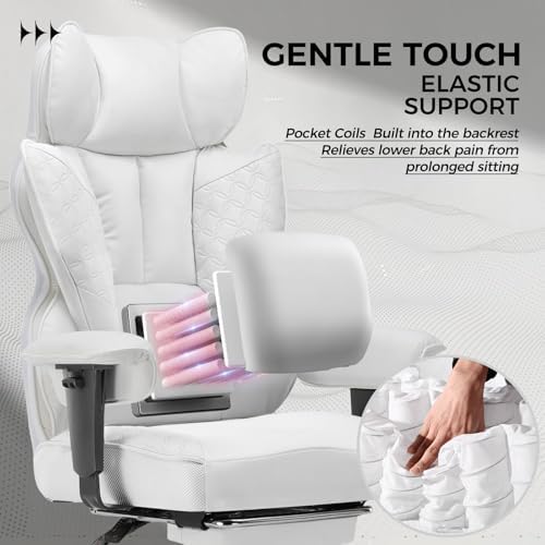 GTPLAYER Big and Tall Gaming Chair 400lbs Heavy Duty Office Chair with Foot Rest & Ergonomic Pocket Spring Lumbar Support, High Back 3D Saddle Shaped Cushion for Back Pain Relief, White