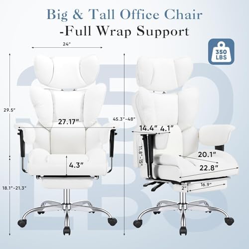Big and Tall Office Chair 350 LBS, Scratch-Resistant PU Leather Executive Office Desk Chair with Footrest, Ergonomic Reclining Computer Chair with Pocket Spring Support for Home Office, Beige