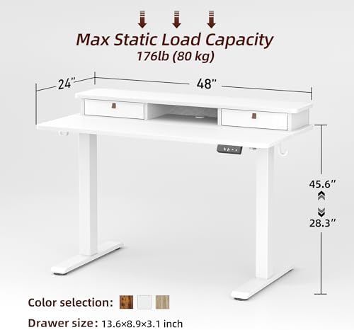 TIQLAB Standing Desk with Two Drawers, Stand Up Standing Desk Adjustable Height, Electric Sit Stand Table with Storage Shelf and Splice Board, 48 * 24 inch, White