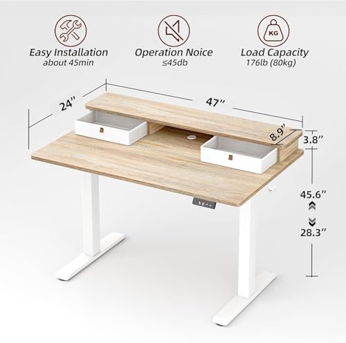 TIQLAB 48 * 24 inch Standing Desk with Two Drawers&Top Shelf, Maple