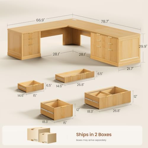 SEDETA Fluted 78.8" L Shaped Desk with 6 Drawers, Fluted Oak