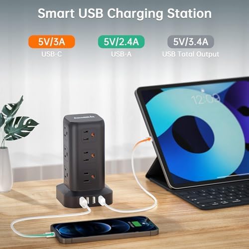 Extension Cord with Multiple Outlets, SMALLRT Power Strip Tower, Outlet Extender with 12 AC Outlets 4 USB, 6.5FT Extension Cord for Home Dorm Room, Office Supplies,Overload Protection