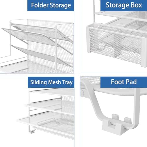 Simple Trending 7 Tier Desk File Organizer, Letter Tray Paper Organizer with Pen Holder and Metal Hanging Basket, White