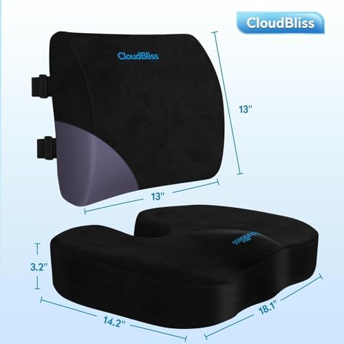 CloudBliss Ergonomic Seat Cushion & Lumbar Support Pillow Set, Black,Large