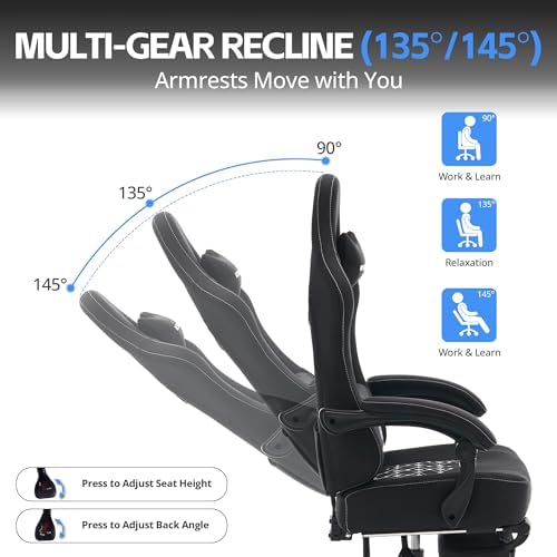 Desk Computer Gaming Chair - Ergonomic Game Office Chair with Extended Footrest and Massage Lumbar Support, Home Gamer Video Game Chairs with Spring Cushion for Adults (Pro Black Fabric)