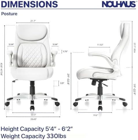 Nouhaus +Posture Ergonomic PU Leather Office Chair. Click5 Lumbar Support with FlipAdjust Armrests. Modern Executive Chair and Computer Desk Chair (White)