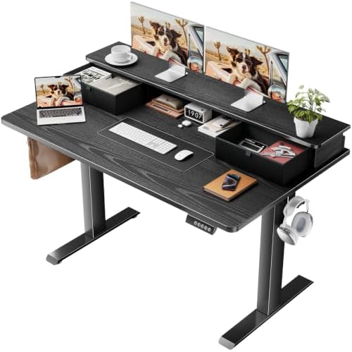 Veken 47x28 in Electric Standing Desk with Drawers, Adjustable Table, Black