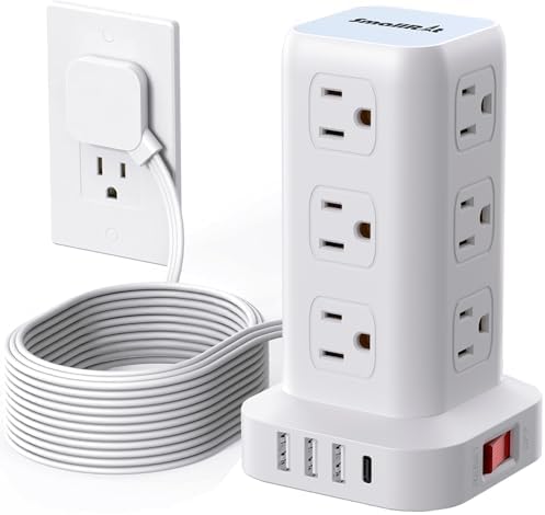 Extension Cord with Multiple Outlets, SMALLRT Flat Plug Power Strip Tower, Outlet Extender with USB 12 AC Outlets, 10FT Ultra Thin Extension Cord for Home Office, Overload Protection