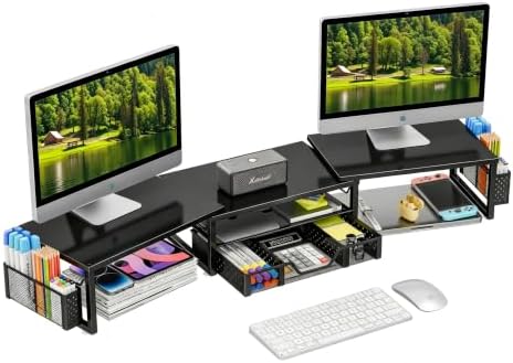 Simple Trending Dual Monitor Stand with Drawer and 2 Pen Holders, Black