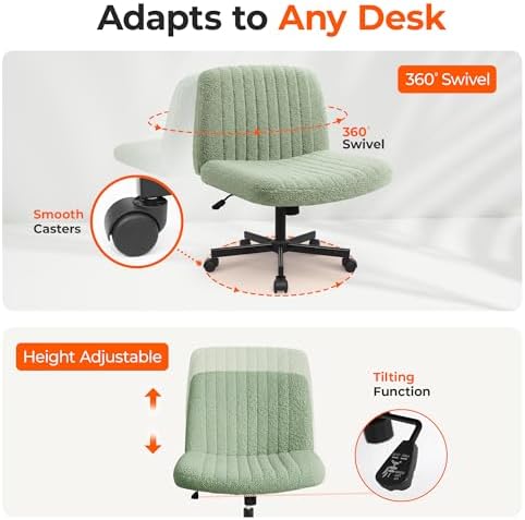 Orange Factory Criss Cross Chair with Wheels, Wide Vanity Seat, Green Teddy