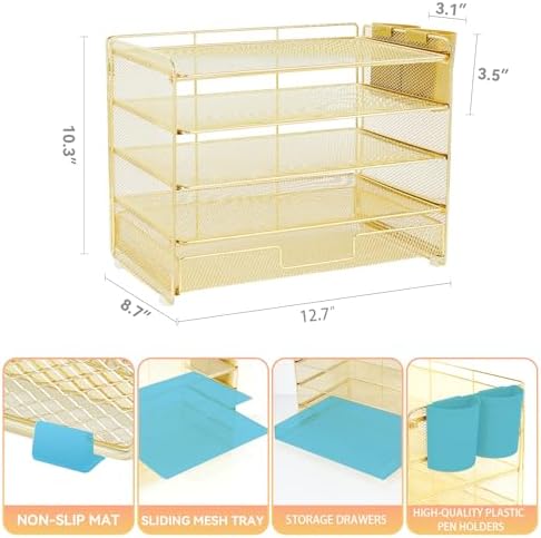 LEKETREE Desk Organizers and Accessories, 5-Tier Paper Letter Tray Organizer with Drawer & 2 Pen Holders, Desktop Organizer for Office Supplies (Gold)
