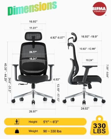 Ergonomic Office Chair, High Back Mesh Chair with Lumbar Support, Ultimate Back Support Office Desk Chair, Comfortable Computer Chair & Gaming Chair for Office & Home, Black