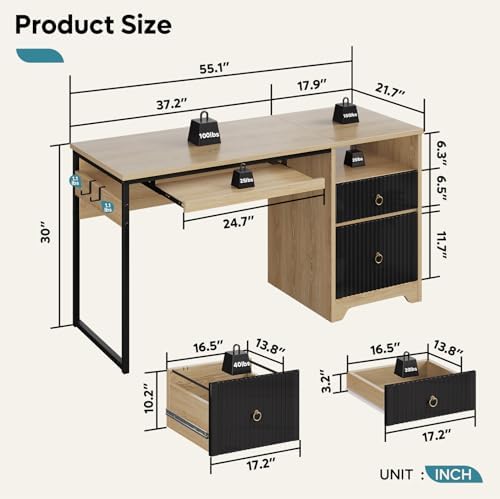 Bestier 55 Inch Office Desk with Fluted Panel & Keyboard Tray, Natural Oak