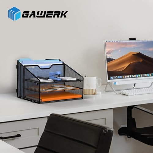 GAWERK Letter Tray Organizer, Mesh Desk File Organizer with 3 Paper Trays and 2 Vertical Upright Section (Purple)