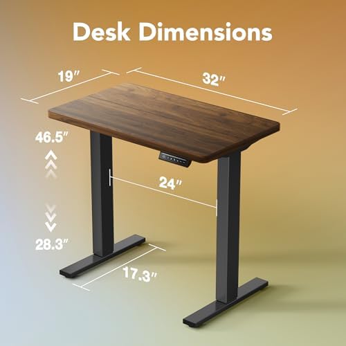 HUANUO 32x19 Inch Small Electric Standing Desk, Adjustable, Black Walnut