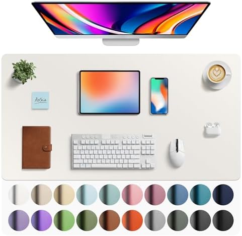 Aothia Faux Leather Desk Mat - Large Mouse Pad, Non-Slip PU Leather Blotter, Waterproof Writing Surface for Office and Home (Off-White, 40" x 24")