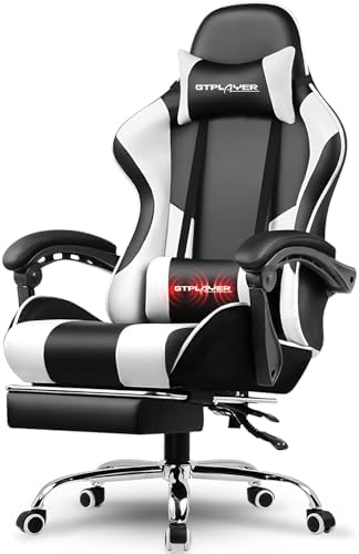GTPLAYER Gaming Chair, Computer Chair with Footrest and Lumbar Support, Height Adjustable Game Chair with 360°-Swivel Seat and Headrest and for Office or Gaming (White)
