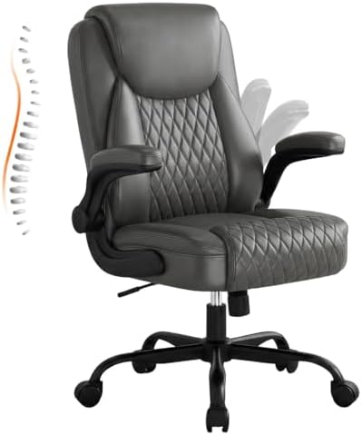 GTPLAYER PU Leather Office Chair, Home Desk Chair with Flip-up Arms, Gray