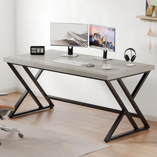 LVB 55 Inch Grey Modern Computer Office Desk Metal & Wood Writing Desks