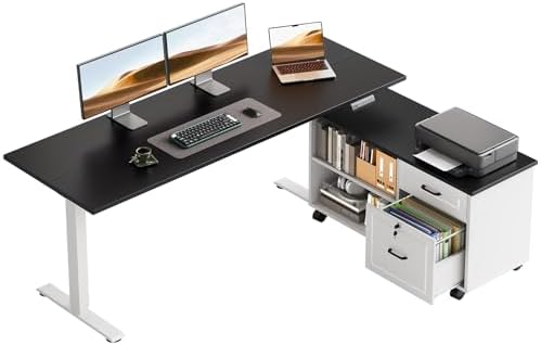 OffiGo 55" L Shaped Electric Standing Desk with Cabinet Sets, Black/White