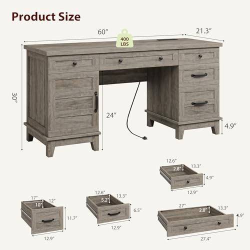 IDEALHOUSE 60" Farmhouse Wooden Home Office Executive Desk with Drawers
