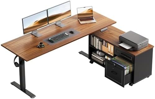 OffiGo 55" L Shaped Electric Standing Desk with Cabinet Sets, Walnut/Black