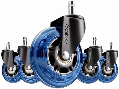 HOSALI Office Chair Wheels, 3 Inch Desk Chair Replacement Rubber Wheel, Safe for Hardwood Floors Gaming Chair Casters Smooth & Silence Gliding, Set of 5, Blue
