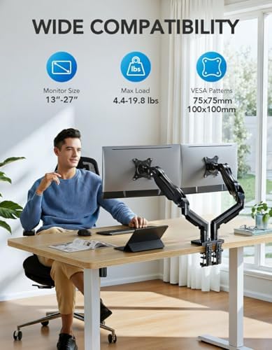HUANUO Dual Monitor Stand, Fully Adjustable Gaming Monitor Desk Mount for 13–27″ Computer Screens, Full Motion VESA 75x75/100x100 with C-Clamp & Grommet Base, Each Arm Holds 4.4 to 19.8 lbs
