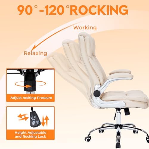 400lbs Executive Office Chair with Flip-Up Armrests, Big and Tall Computer Chair for Heavy People, Heavy Duty Ergonomic Comfy Chair, Breathable PU Leather (Cream)