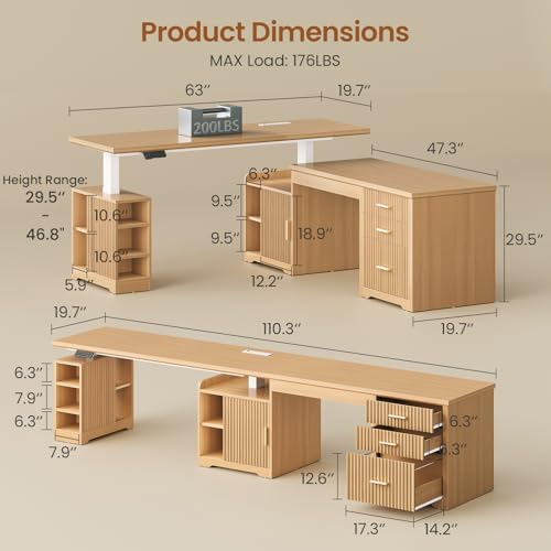 SEDETA Fluted L Shaped Electric Standing Desk, 63" x 67" Height Adjustable Home Office Executive Desk with Drawers and Shelves, Two Person Desk with Power Outlet for Home Office, Oak