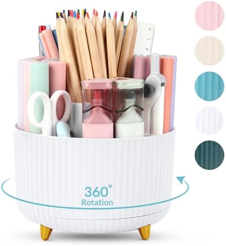 SKYDUE 360 Rotating Organizer - Dual-Purpose Pen & Pencil Holder with 5 Slots, Suitable for Office, School, or Home (White)