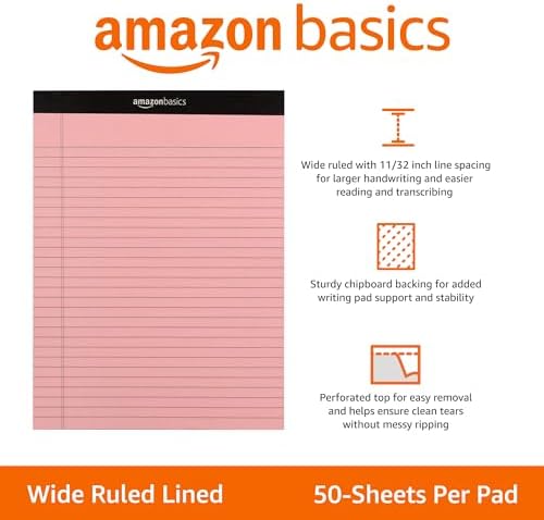 Amazon Basics Wide Ruled Lined Writing Note Pads with Sturdy Back, 8.5" x 11.75", Multicolor, 6-Pack, 300 Sheets, Perforated