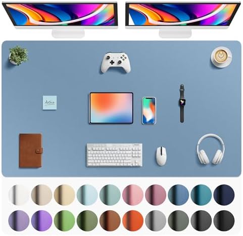 Aothia Faux Leather Desk Mat - Large Mouse Pad, Non-Slip PU Leather Blotter, Waterproof Writing Surface for Office and Home (Denim Blue, 63" x 24")