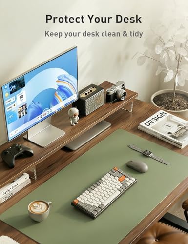 Aothia Faux Leather Desk Mat - Non-Slip PU Leather Desk Blotter, Waterproof Writing Surface, Large Desk Pad for Office & Home (Olive Green, 55" x 17")