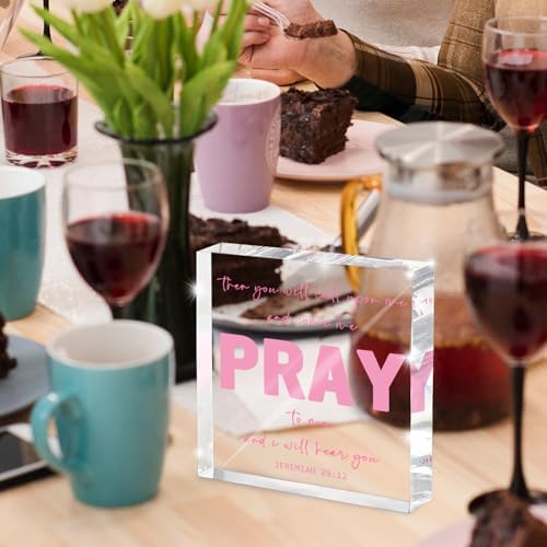 Pink Inspirational Decor- Bible Verse Art Christian Gifts for Women- Pink Acrylic Dorm Room Decor for Women - Pray to me- Office Desk Accessories Decor Sign 4x 4 Inches