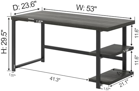 FOLUBAN Home Office Desk, Modern Computer Desk with Storage Shelf, Wood Study Writing Gaming Table for Bedroom Living Room, Industrial Dark Gray, 53 Inch